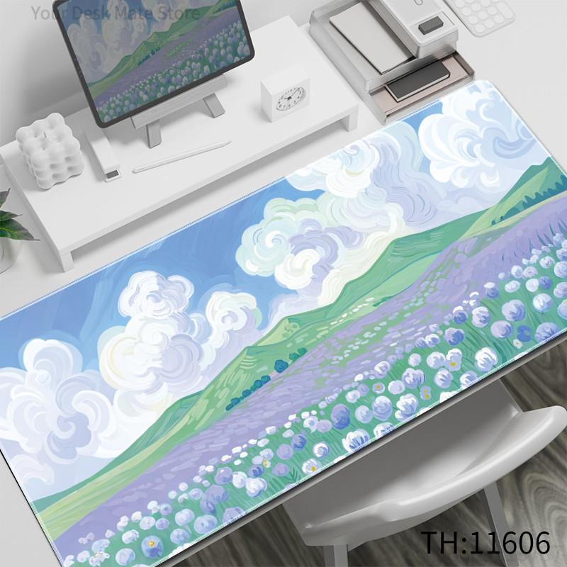 Pastel Tulip Flower Sky Desk Mat NonSlip Large Mouse Pad Soft Waterproof Aesthetic Office Keyboard Pad