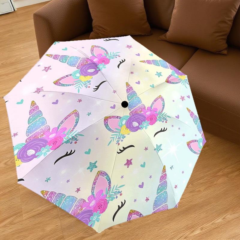 1PC Unicorn Flowers Umbrella-8-Rib Reinforced Portable Folding Travel Suitable for All Seasons Outdoor Daily Use -J0322