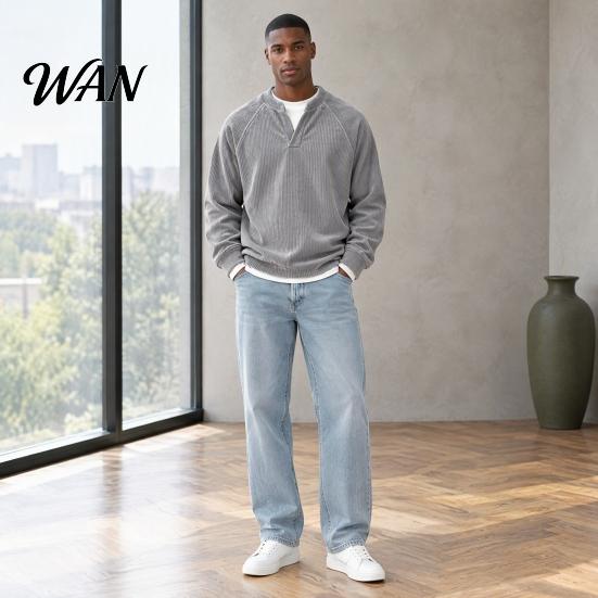 Soft Textured Buttonless Tops Men Corduroy Layered Tops, V Neck Raglan Long Sleeve Pullover Loose Fit Basic Fake Two Pieces for Daily Wear Breathable