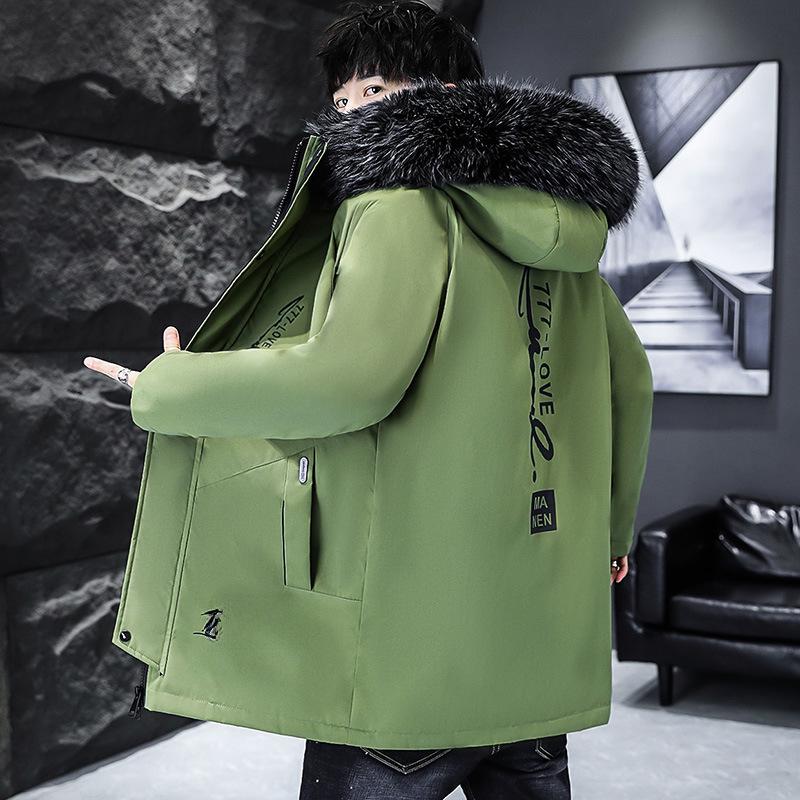 2023 Мужская зимняя ветровка с капюшоном из бархата и меховым воротником — утолщенная повседневная хлопковая куртка средней длины