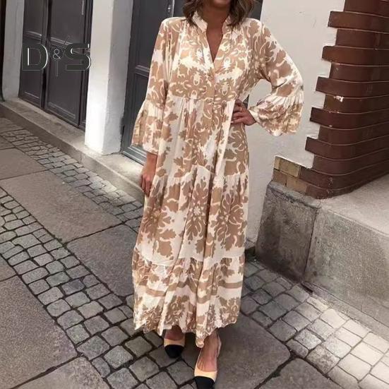 Women Maxi Dress V Neck Floral Printed Pleated Ruffle Patchwork Hem Loow Waist Horn Sleeves Single-breasted Daily Commuting Long Dress