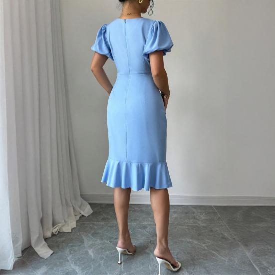 Женские облегающие платья с короткими пышными рукавами, платье миди с круглым вырезом и оборками, юбка «русалка», коктейльное платье для гостьи на свадьбу