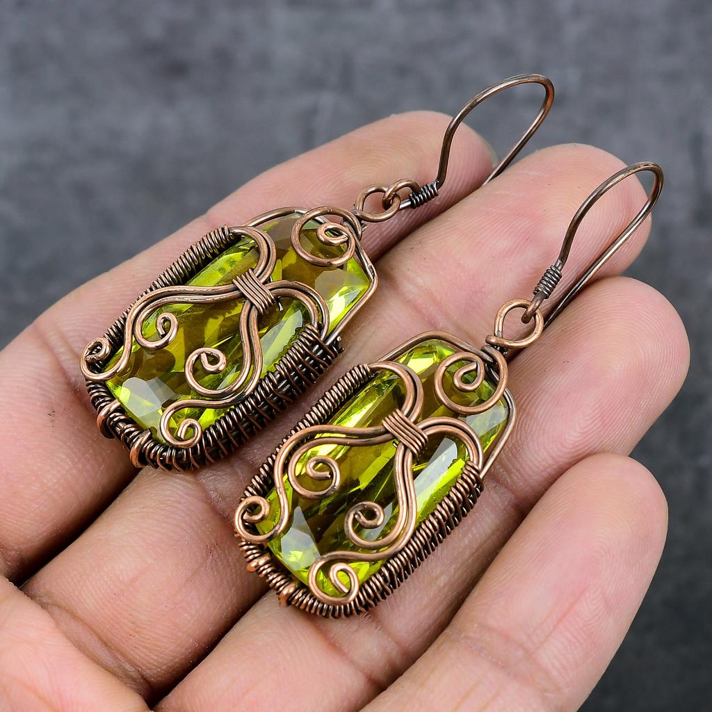 Peridot Handmade Copper Wire Wrap Jewelry Earring 2.56" l1R73
