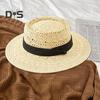 Женская летняя шляпа от солнца соломенная плетеная в стиле ретро в английском стиле с плоским верхом, сплошная цветная шляпа с широкими полями, защита от УФ-лучей, пляжная кепка для отпуска
