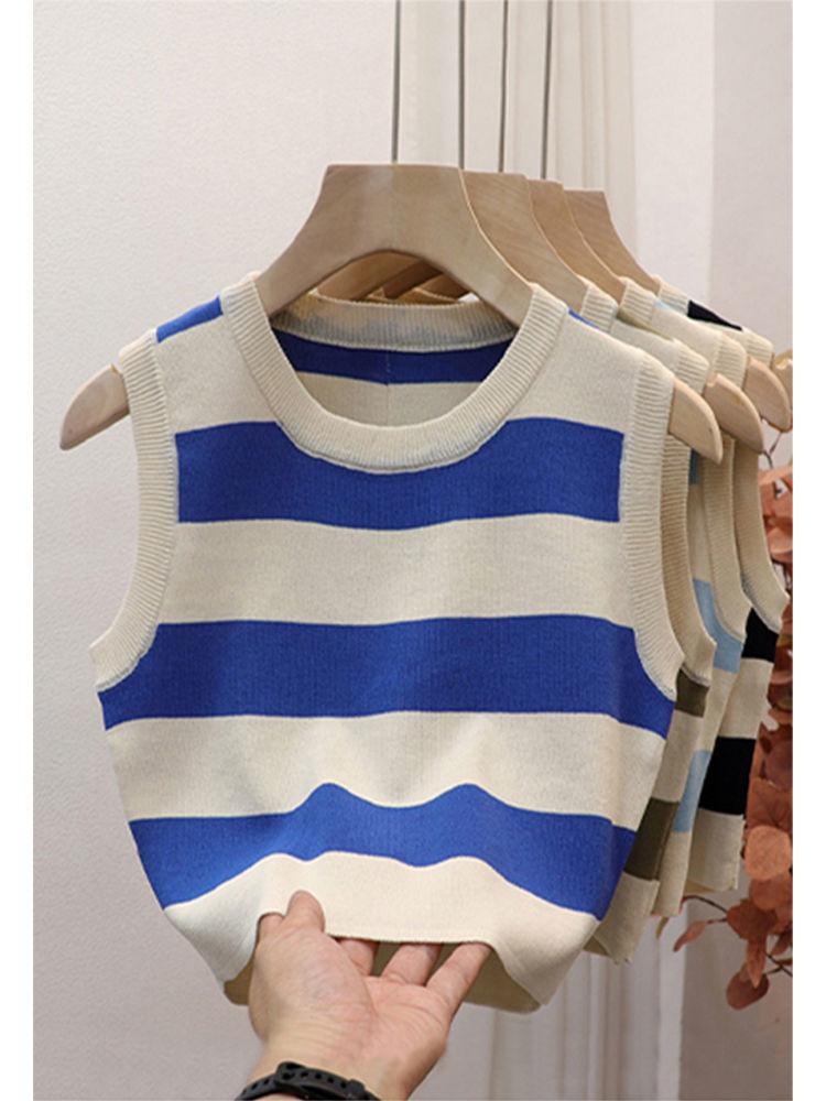 Сексуальная женская майка в рубчик, летние укороченные топы без рукавов в полоску с круглым вырезом, уличная винтажная корейская модная рубашка, жилет, одежда Y2K