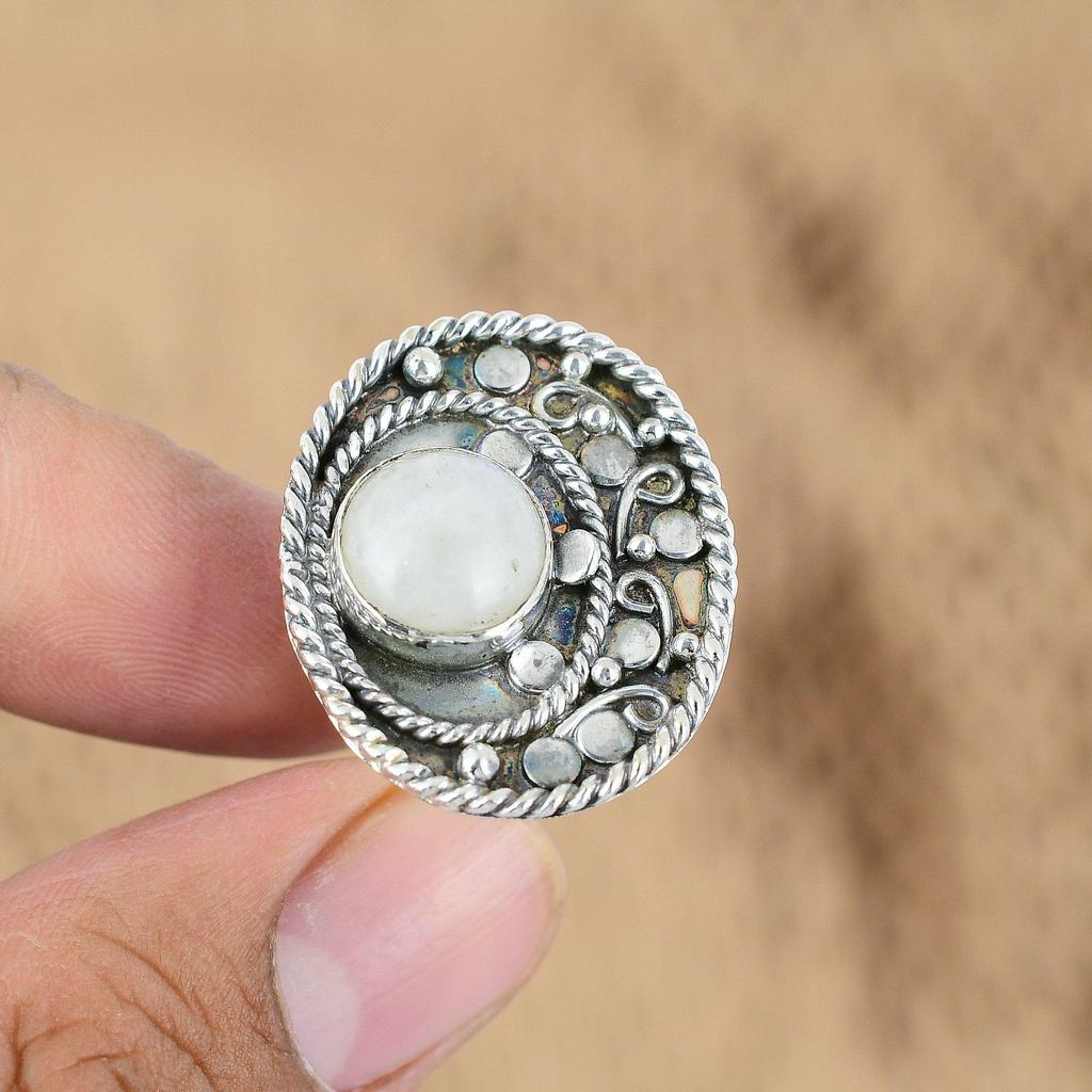 Round Rainbow Moonstone Stone Sterling Silver Statement Promise Handcrafted Ring