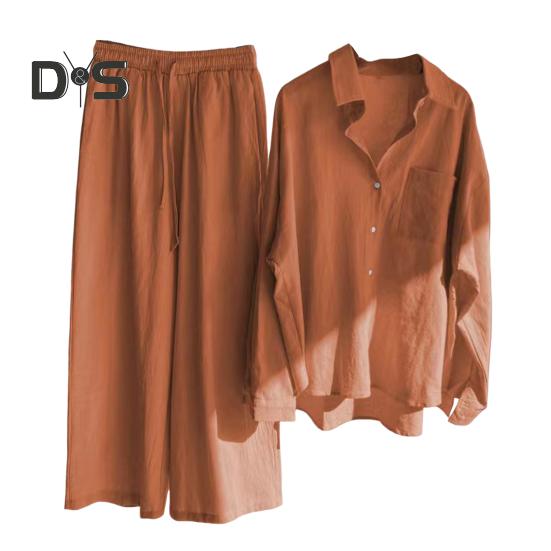 2 шт./компл., женская рубашка больших размеров, комплект брюк, сплошной цвет, блузка с воротником с лацканами и длинными рукавами, высокая талия, свободные широкие брюки, комплект, повседневная одежда для поездок на работу