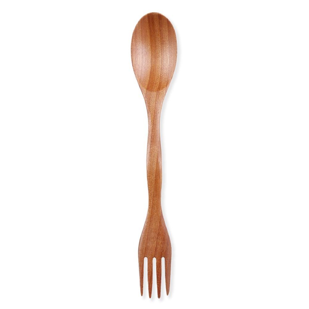 Flatware Tableware Dinner Dual Head Natural Wood 2 In 1 Spoon Fork