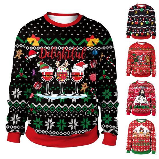 Couple Christmas Sweatshirt Christmas Print Loose Long Sleeves Colorful Round Neck Warm Unisex Elk Thick Women Men Sweatshirt for Party