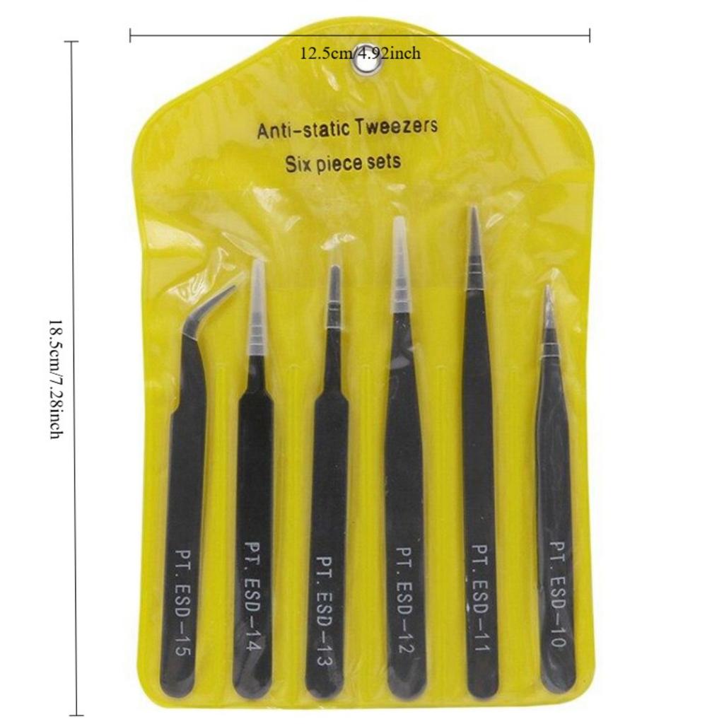 6pcs Anti-static ESD Stainless Steel Tweezers Maintenance Tools Industrial Precision Curved Straight Repair