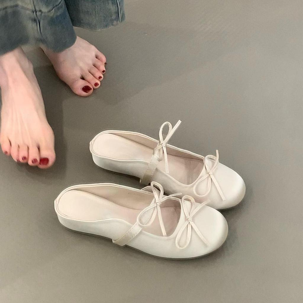 Inner Height Increase Flat Bottom Comfortable Casual Bag Head Sandals Bow Word with Satin Round Head Half Slippers Women's Shoes