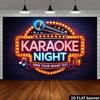 2D retro karaoke night flag background  neon effect microphone and scattered star recording pattern