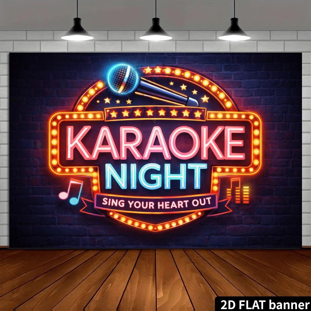 2D retro karaoke night flag background  neon effect microphone and scattered star recording pattern