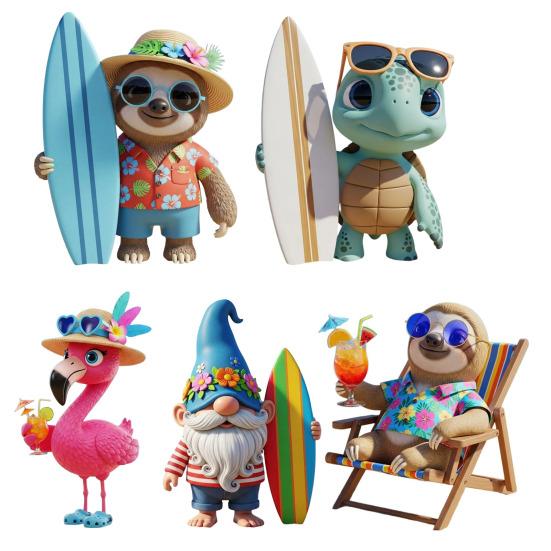 Beach Party Animal Sculpture Resin Surfing Sloth Turtle Ornament Beach Vacation Gnome Statue for Home Decor Desktops Bookshelves