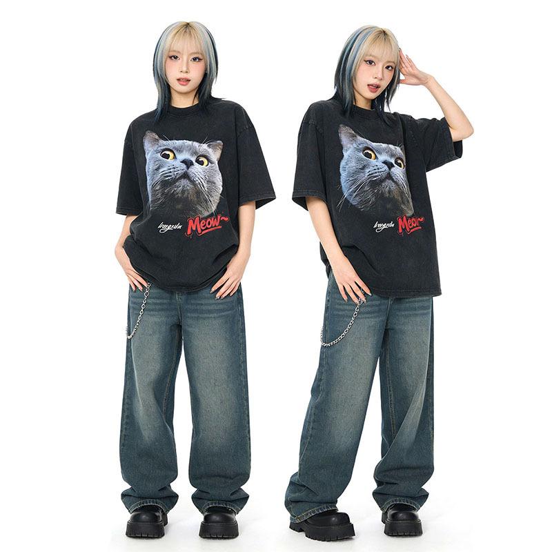Men'S T-Shirt Street Retro Cat Digital Direct Injection Printing Pod Custom Cotton Washed Short-Sleeved T-Shirt Men