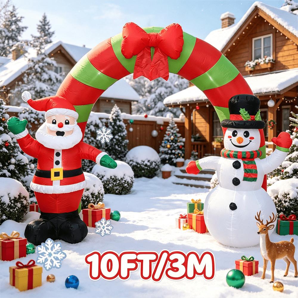 10FT Christmas Inflatable Candy Arch with Santa & Snowman, LED Blow Up Archway, Outdoor Lawn Yard Decoration for Christmas Holiday Party