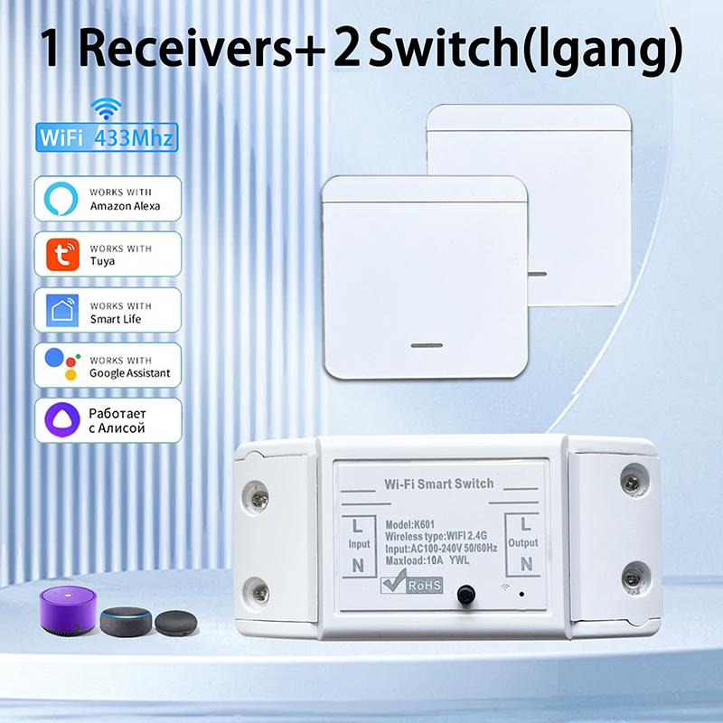 10A Tuya WiFi Smart Switch 433MHz Relay Breaker Smart Home Wireless Control Switch 1/2/3 Gang Wireless Wall Switch Voice Control