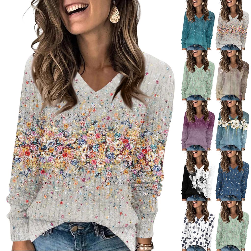 Women's Fashionable Oversized V-Neck T-Shirt With Floral Print Long-Sleeved Pullover Top
