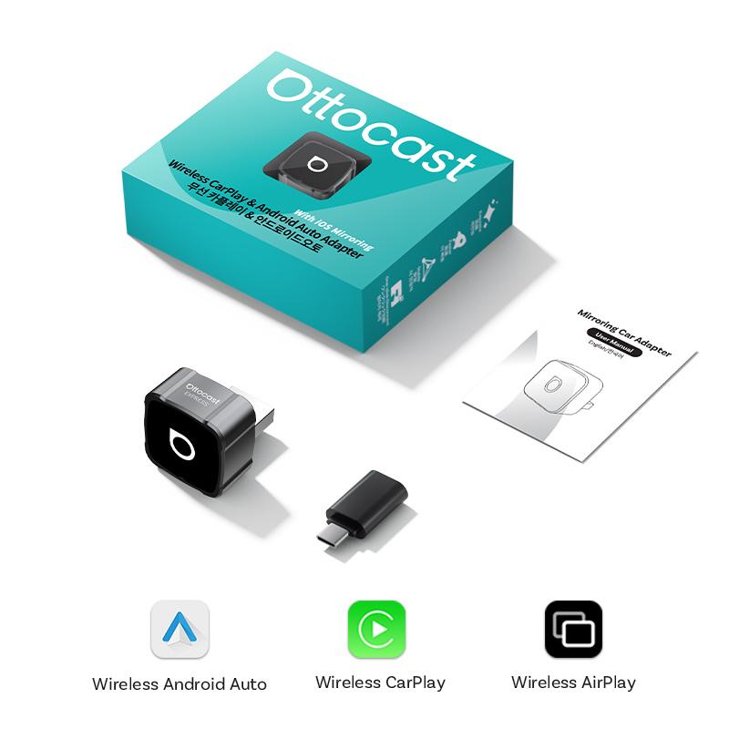 Ottocast Mini Air Wireless CarPlay Android Auto AirPlay Adapter 3 in 1 Plug and Play Wireless Mirroring For Youtube Tiktok IPTV uyt3