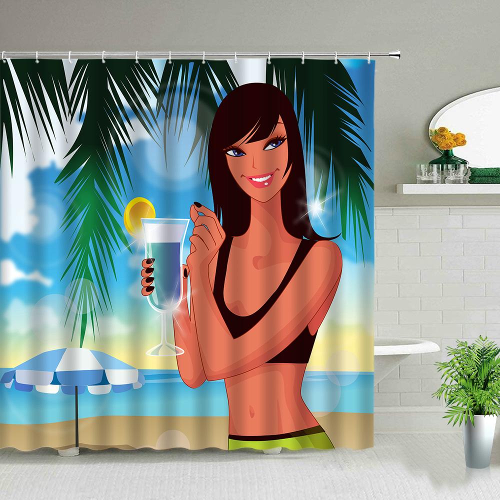 Солнечный свет Пляжная девушка Пальма Доска для серфинга Пейзаж Шторки для душа Сексуальная женщина 3D-принт Шикарная занавеска Декор для ванной комнаты С крючками