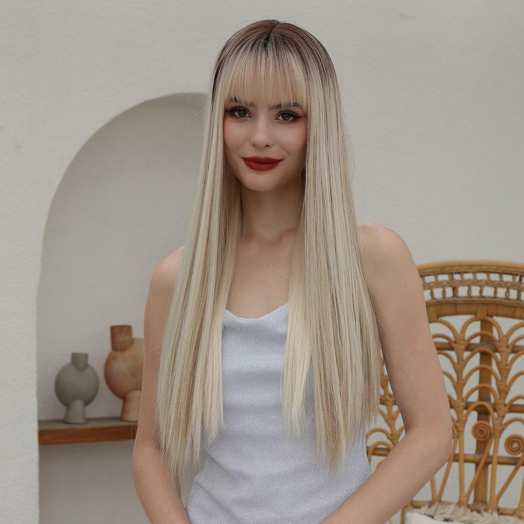 EASIHAIR Блондинка Ombre Парики из синтетических натуральных волос Длинные прямые с челкой Ежедневный парик для косплея Термостойкие волокна парики для женщин