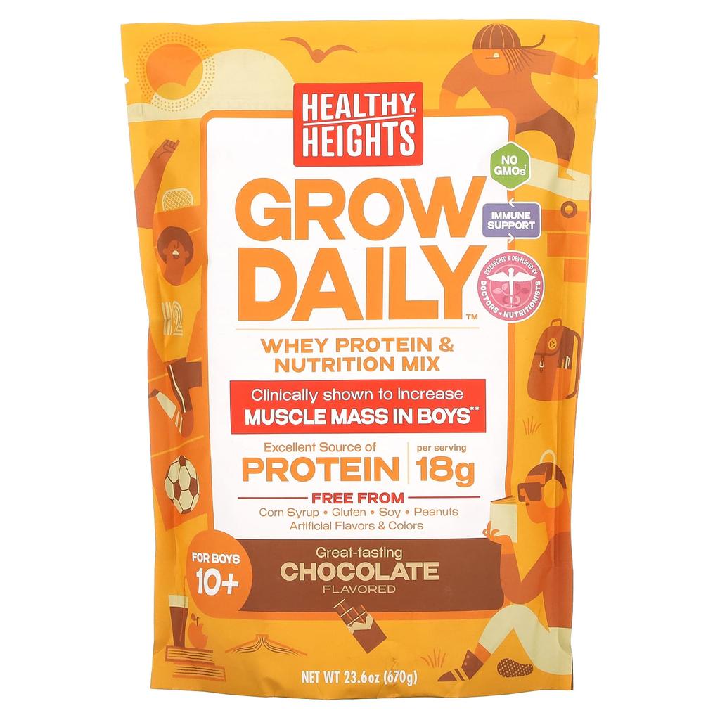 Healthy Heights Grow Daily, Whey Protein and Nutrition Mix, For Boys 10+, Chocolate Flavor, 23.6 Oz (670 G)