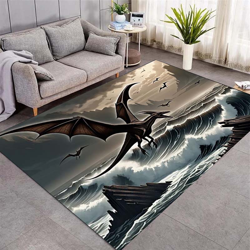 Golden Dinosaur Underwater Coral Print Area Rug Prehistoric Creature Non‑Slip Rectangular Floor Mat Fantasy Home Decor for Living Bedroom Gaming Room