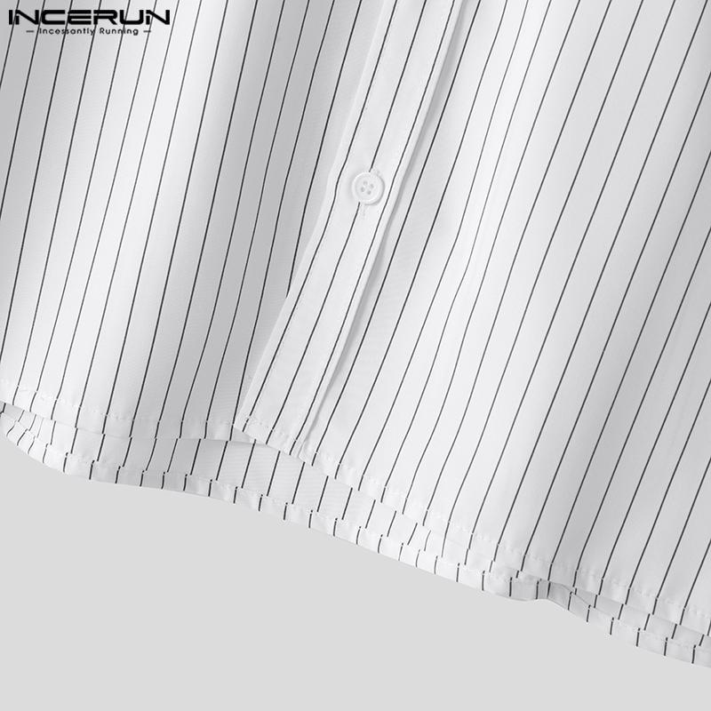 INCERUN Men Lapel Neck Long Sleeve Striped Print Casual Short Shirts Tops