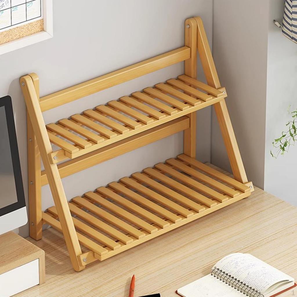 Bamboo Plant Stand Desktop Organizer 2 Layer Decorative Flower Pot Display Rack Shelf