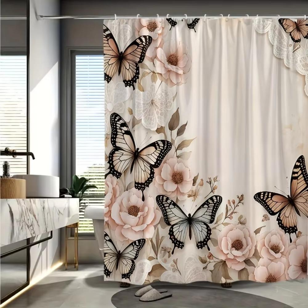 Modern Floral Printed Pink Butterfly Shower Curtain Bathroom Partition Curtain Spring