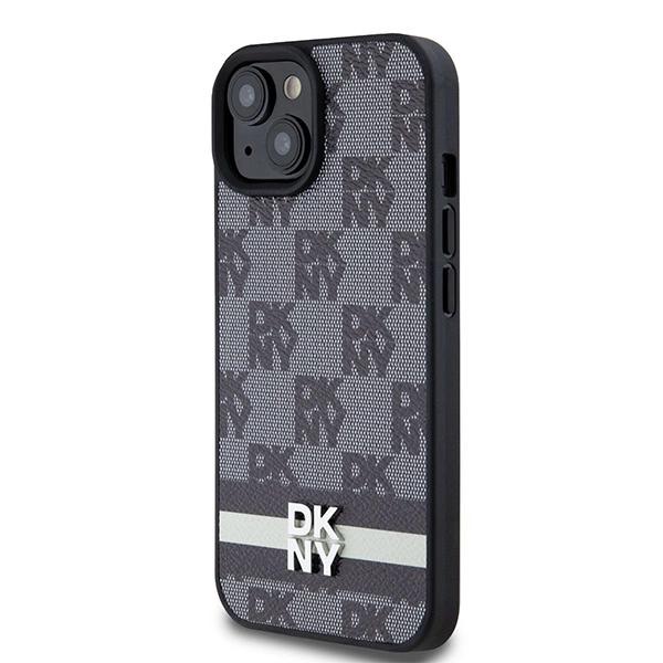 Dkny Leather Checkered Mono Pattern & Printed Stripes Case For Iphone 15 Plus / 14 Plus - Black