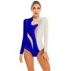 Womens Color Block Patchwork Leotard Sparkling Rhinestone Sheer Mesh Long Sleeve Bodysuit for Gymnastics Acrobatics Dance