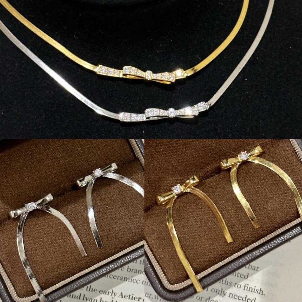 Bow Snake Bone Chain Earrings Small Fresh Sweet Elegant Clavicle Chain Versatile Blade Chain Set