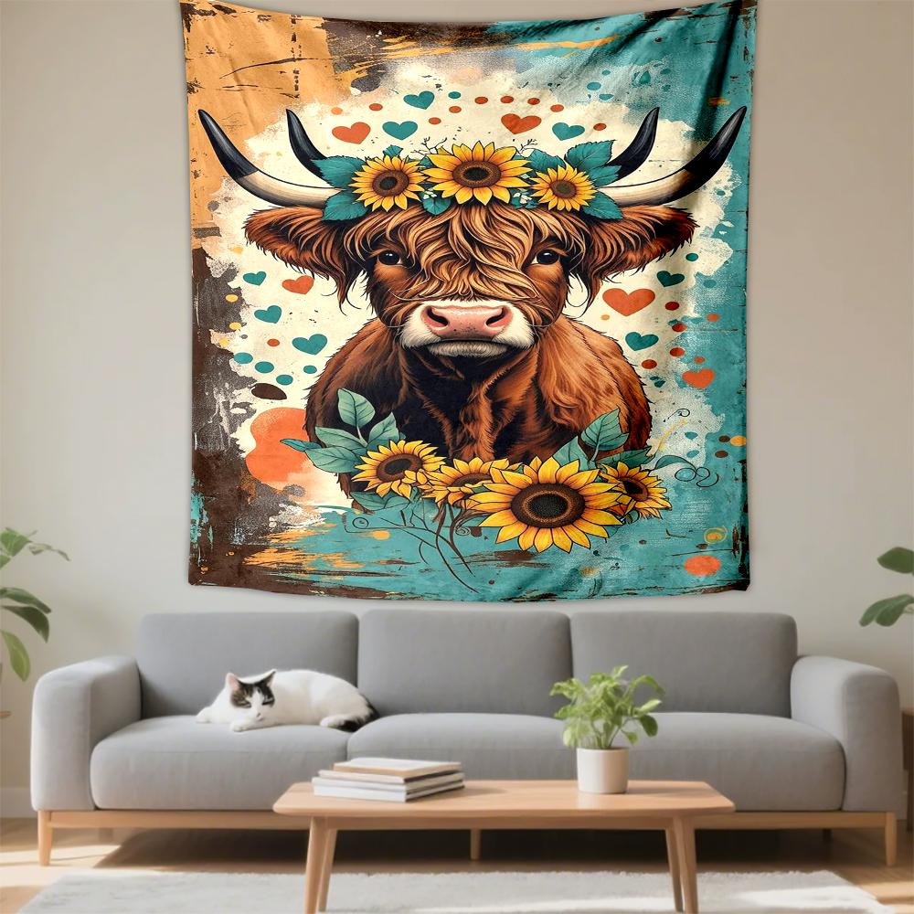 Highland Cow with Sunflower Crown Patterned - Patterned tapestry for bedroom and living room home decor.