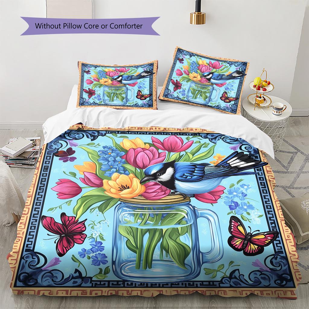 Blue Bird Pattern Bedding Quilt Set Home Decoration Gift (1 * duvet cover + 2 * pillowcase, without core)