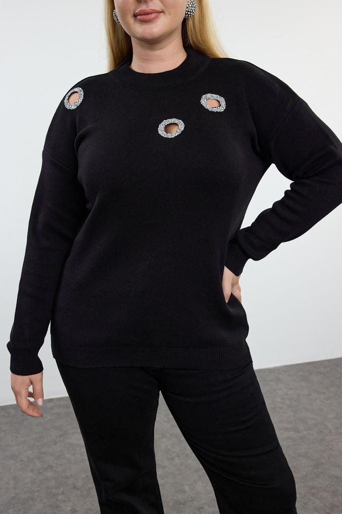 Women's Fashion Stylish Plus Size Sweater Black Stoned Cut Out Detailed Knitwear Sweater