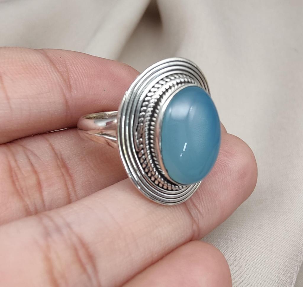 Blue Chalcedony 925 Sterling Silver Ring: Handmade Boho Gemstone Jewelry