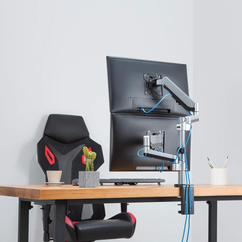AVLT Dual Monitor Arm, Top and Bottom, Supports 13-27 Inch Monitors, Flat and Curved, Gas Spring, Full Motion Height Adjustment, VESA Compatible,