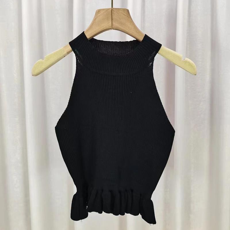 Женский летний вязаный короткий жилет с рюшами и подвесным воротником