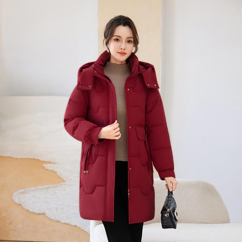 Loose medium and long mother cotton-padded clothes, hooded drawstring cotton-padded clothes, middle-aged and elderly winter coats, street stalls, phy