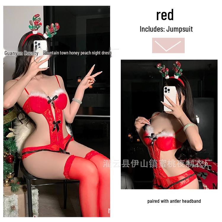 Праздничный красный кружевной прозрачный боди - Сексуальное кружевное нижнее белье на бретельках для праздников