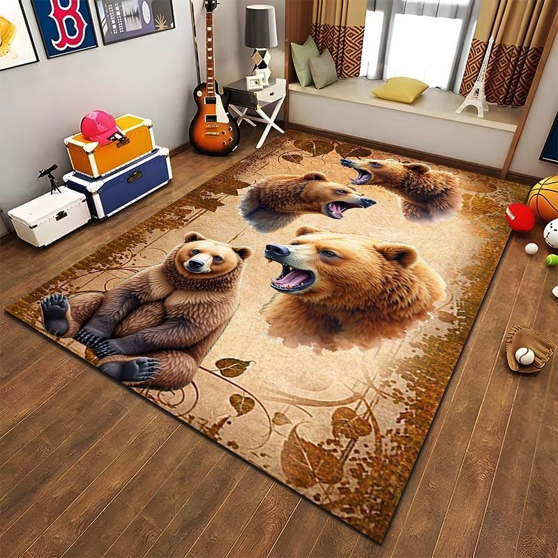 Realistic Bear Pattern Carpet with Brown and Woodland Theme Design Suitable for use as an anti-slip for living room bedroom sofas