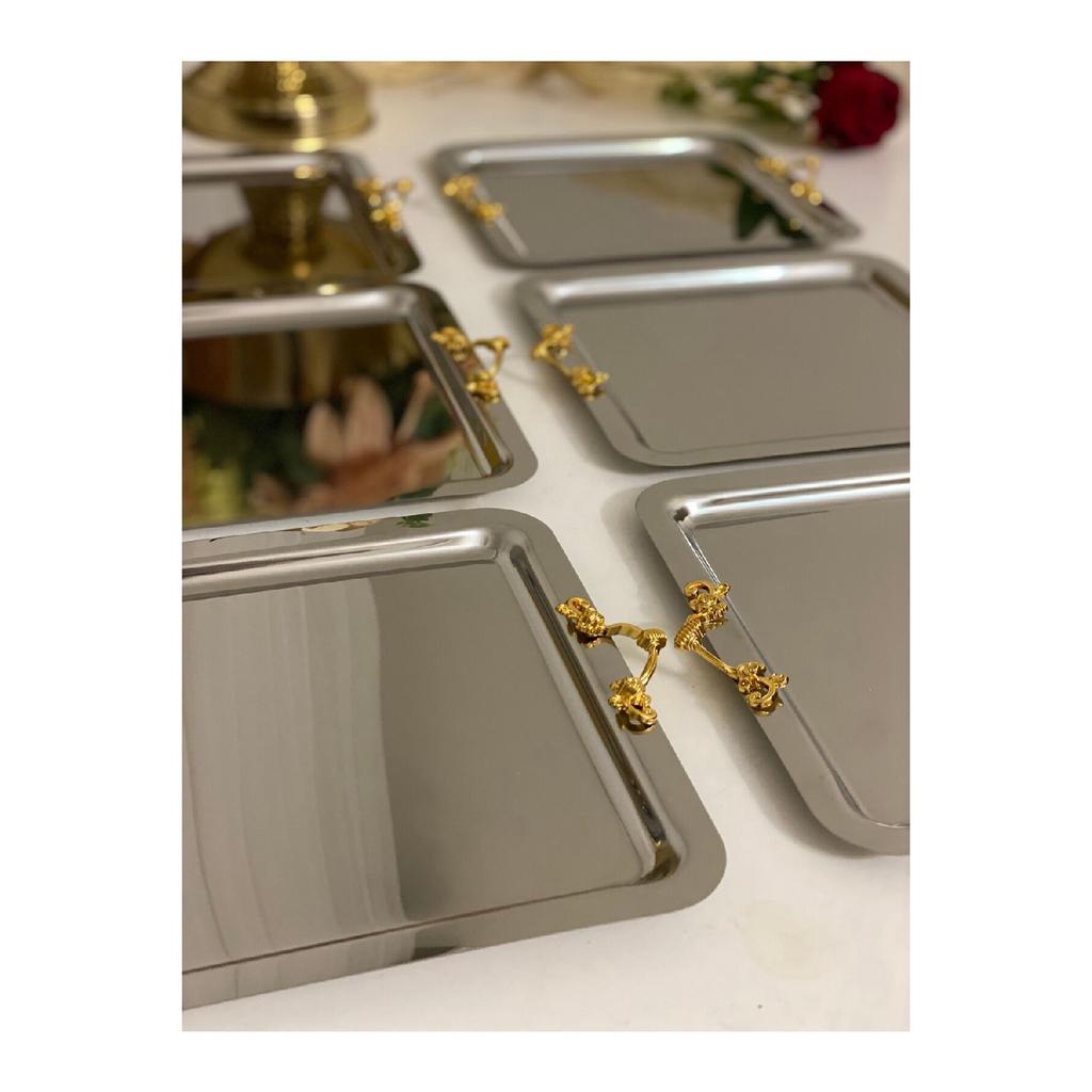Stainless Steel Square Service And Presentation Tray With 6 Tiny Handles