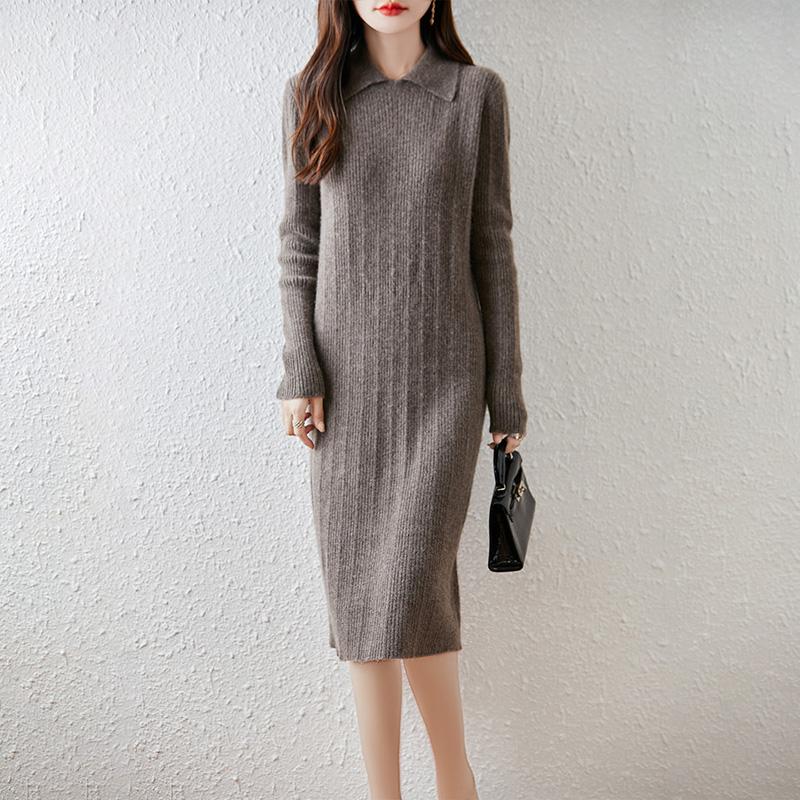 Women Sweater Dress 100% Wool TIDENOVEL Turn-down Collar Knit Long Pullover Winter Jumpers Wool Long Dress Female