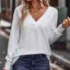 Women's Autumn/Winter Solid Color V-neck Loose Long Sleeved T-shirt Button Top
