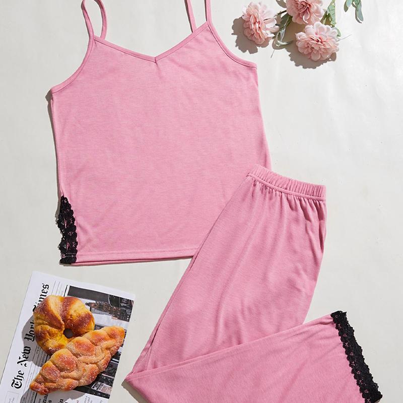 Пижамные женские летние сексуальные брюки на подтяжках с кружевными краями, комплект из двух предметов для женской домашней одежды