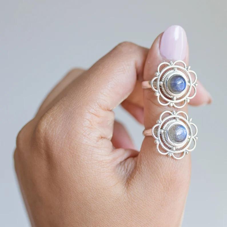 Круглое кольцо с лабрадоритом и драгоценным камнем, кольцо из твердого серебра 925 пробы, кольцо с кабошоном, ювелирные изделия ручной работы, дизайнерское кольцо