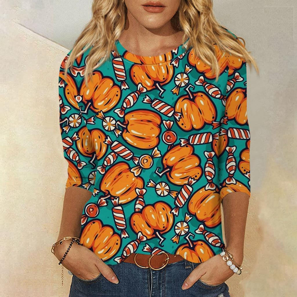 Женская модная повседневная свободная футболка с круглым вырезом и рукавами 3/4 на Хэллоуин, женский топ