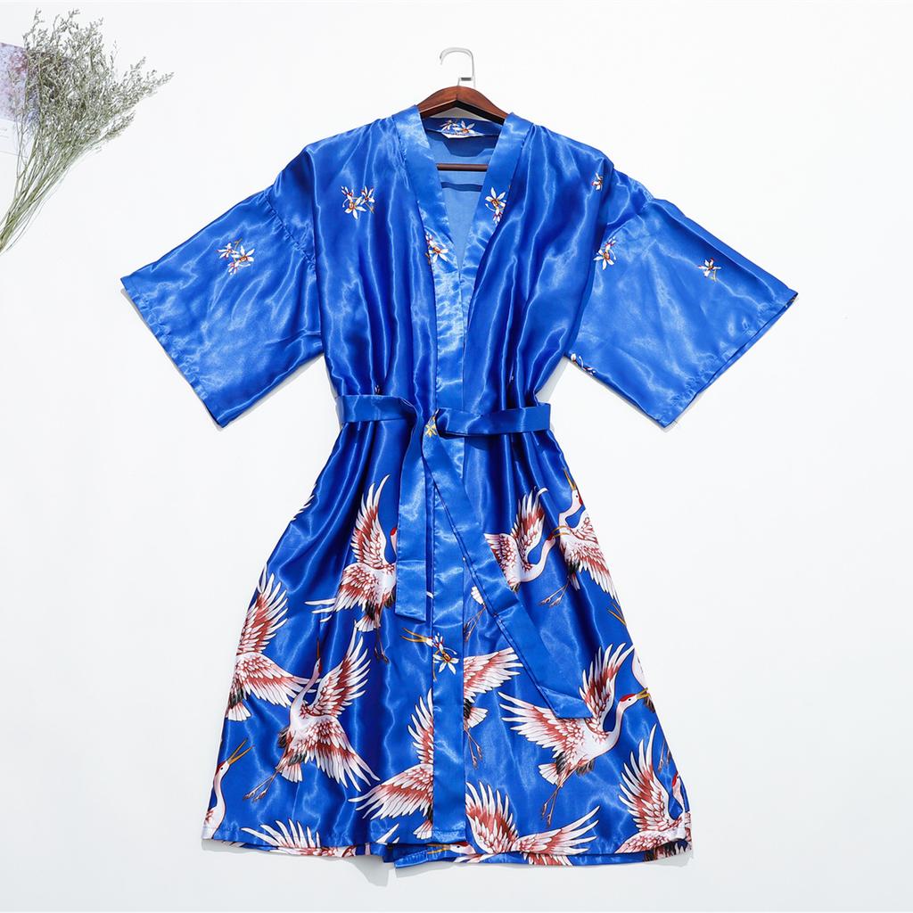 Sleeping Robe Cranes Printed Imitation Silk Single Robe Wedding Bridesmaid Morning Robe Home Increase Robe Fashion Temperament Elegant