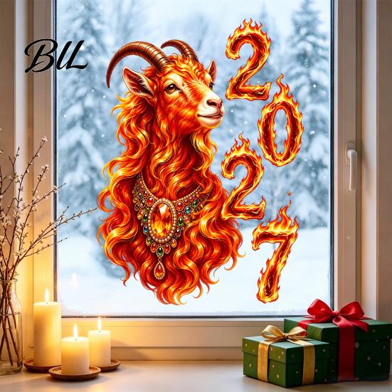 2027 New Year Decorations of Goat Window Cling, Lunar Zodiac Glass Sheep Decals Sticker, Flame Style Spring Festival Door Decor for Home Shop Festive